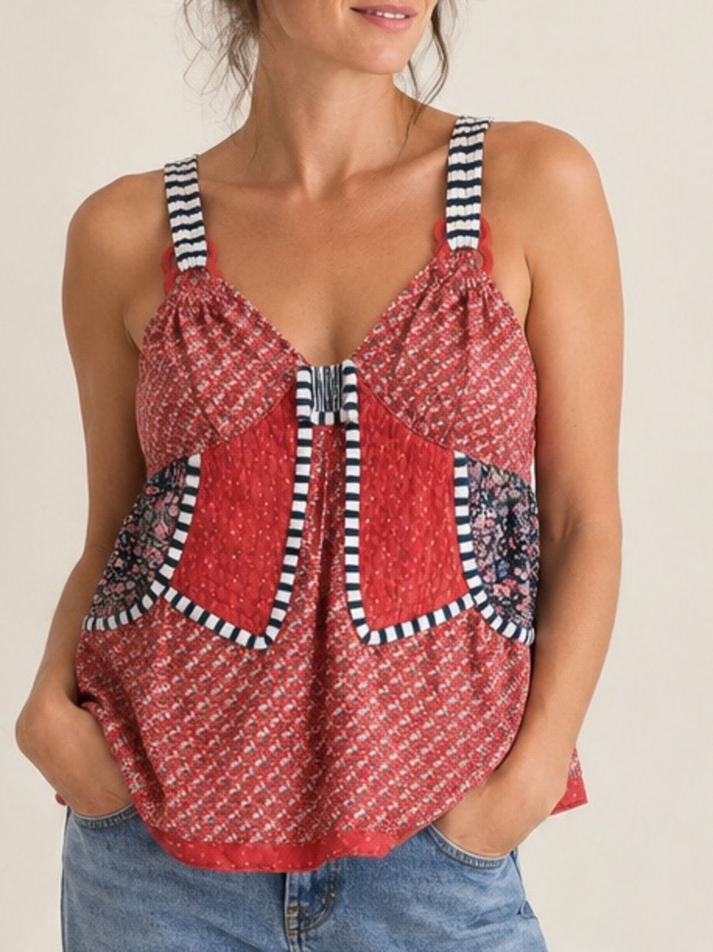 Marc Jacobs Red Patchwork Camisole with Striped Trim
